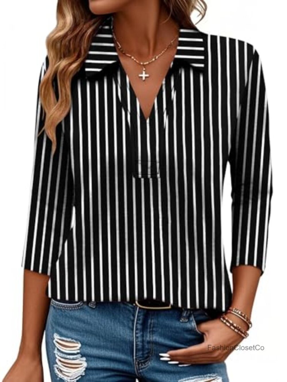 Women's 3/4 Sleeve V-Neck Polo Shirt Business Casual Work Top Soft Knit Stretch